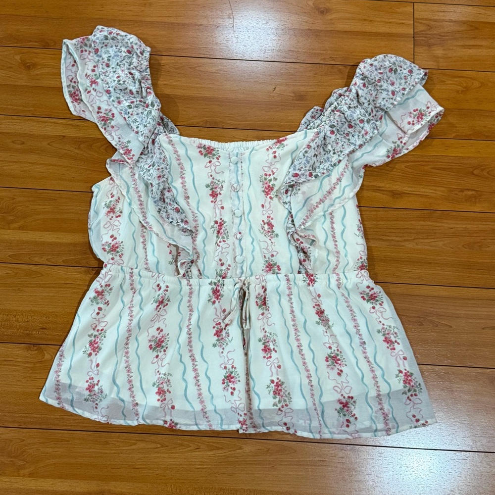 Torrid Floral Ruffle Blouse - Cream and Pink